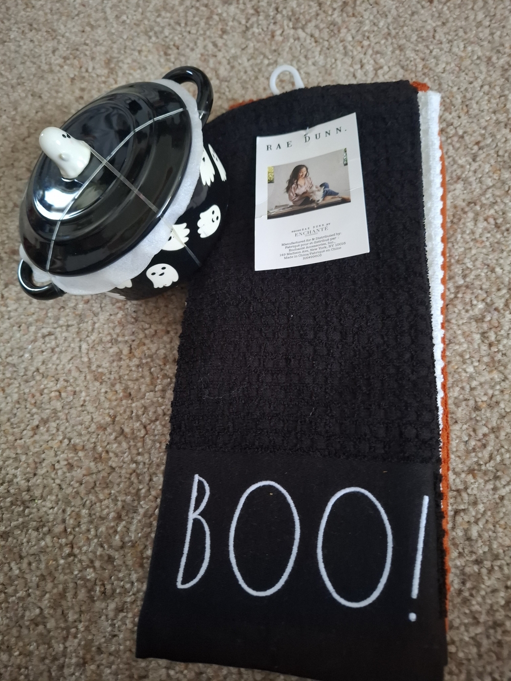 Rae Dunn Black 'BOO!' Halloween Kitchen Towel and Small Dish